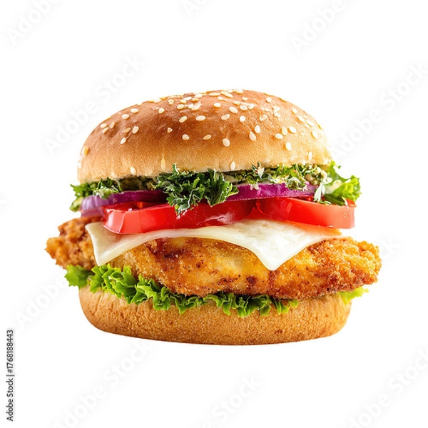 Fototapeta Crispy zinger burger with cheese and lettuce, isolated on white background.