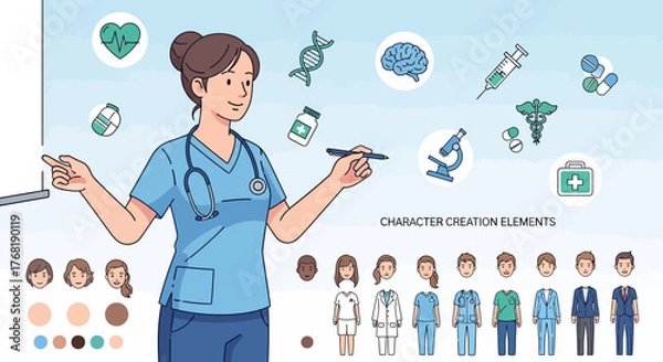 Obraz Healthcare education concept female doctor teaching with stethoscope and medical icons, vector character creation elements