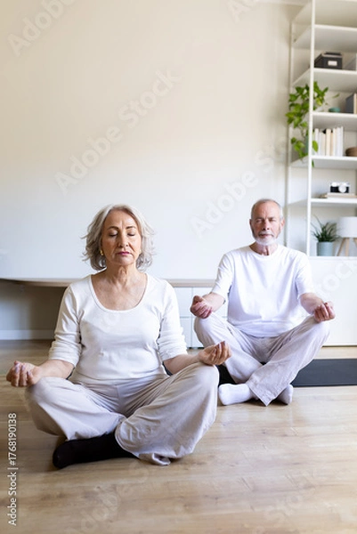 Obraz Senior couple meditating together in living room: promoting health and wellness in old age
