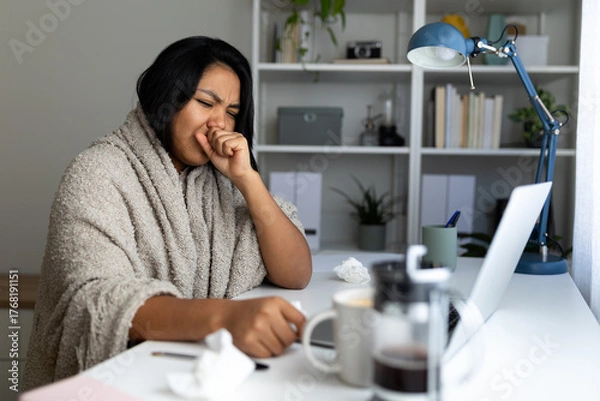 Obraz Sick latina woman coughing at home office desk