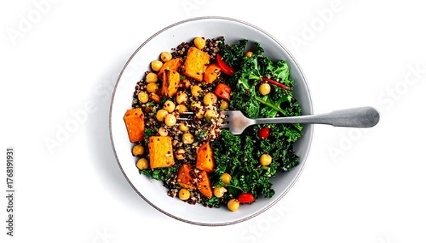 Fototapeta Colorful, nutritious bowl of roasted vegetables with grains and greens