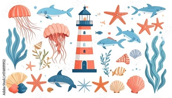 Fototapeta Colorful ocean life and lighthouse vector illustration