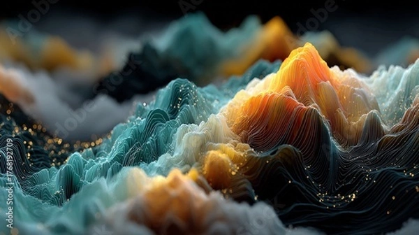 Obraz Explore a vibrant topographic landscape with flowing lines and shimmering lights, perfect for a modern tech company or a forward-thinking design firm, sparking innovation and creativity