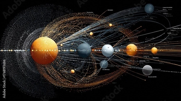 Obraz Explore the cosmos with this stunning visualization of planets and orbital connections, ideal for science education, astronomy presentations, or futuristic technology concepts, vibrant and dynamic