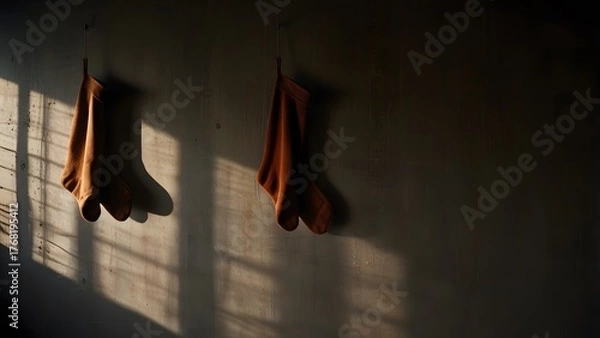 Fototapeta Wool Christmas stockings hanging on a dark concrete wall dramatically illuminated by low evening window light. Holiday concept