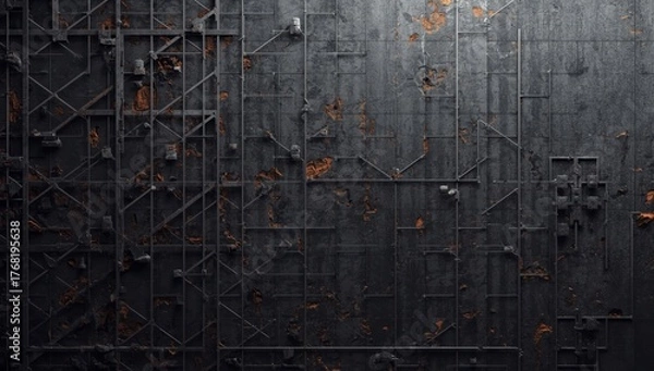 Fototapeta Dark metal panel with geometric patterns and rusty spots background image