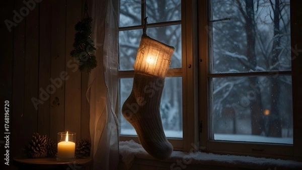 Fototapeta Cozy woolen Christmas stocking hanging by a rustic window illuminated by a warm candle with a view of a snowy winter forest outside. Holiday concept
