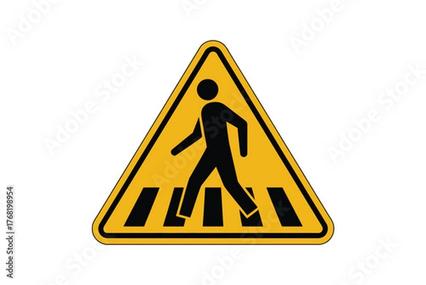 Fototapeta Yellow triangular road sign showing a pedestrian crossing with a black figure