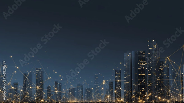 Obraz Smart digital Innovation city with connection network reciprocity over the city  of future smart wireless digital city and social media networking systems that connects people with in city