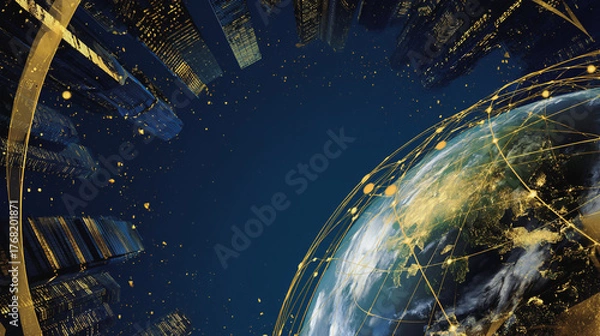 Obraz Smart digital Innovation city with connection network reciprocity over the city  of future smart wireless digital city and social media networking systems that connects people with in city