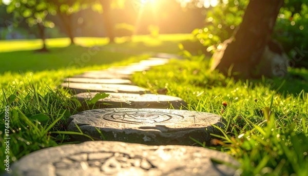 Obraz Sunlit garden path through grass