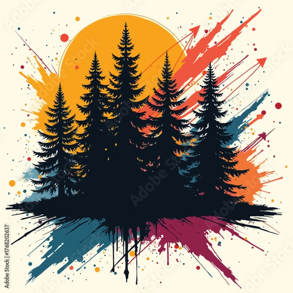 Fototapeta This vector illustration features an abstract and grunge style Christmas tree silhouette with snowflakes, a festive winter design for a holiday card or decoration