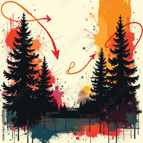 Fototapeta An abstract grunge Christmas tree design with snowflakes, perfect for a winter holiday card or illustration