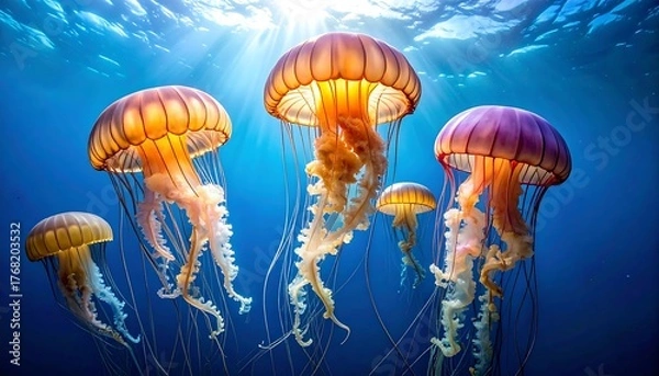 Obraz Sunlit jellyfish in deep blue ocean