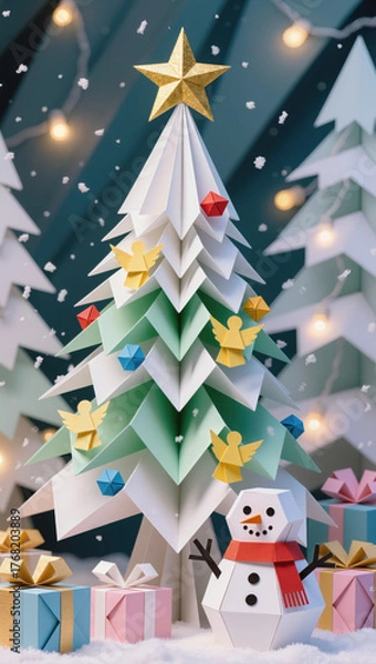 Fototapeta Joyful origami christmas tree with golden star, snowman, and gift boxes. festive papercraft winter holiday scene