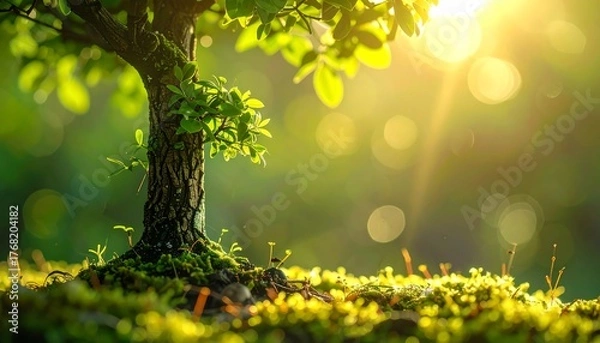 Obraz Sunlit miniature tree with moss base