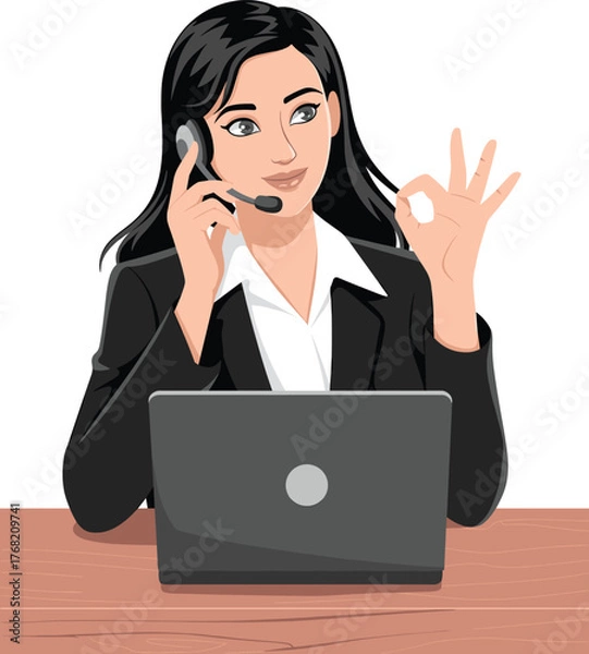 Obraz Customer service woman, headset support agent, remote work desk, professional communication, online help, call center, laptop user, office scene