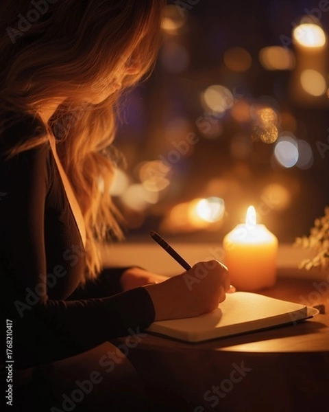 Fototapeta Philosophical design idea - Serene Woman Writing by Candlelight in Cozy Atmosphere - symbolic concept