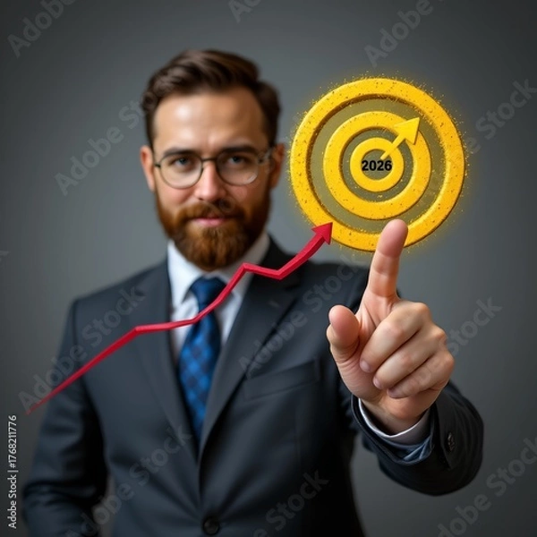 Obraz Businessman pointing at upward arrow and 2026 target goal icon, symbolizing future growth, business strategy, financial success, and goal achievement planning. Business new year.