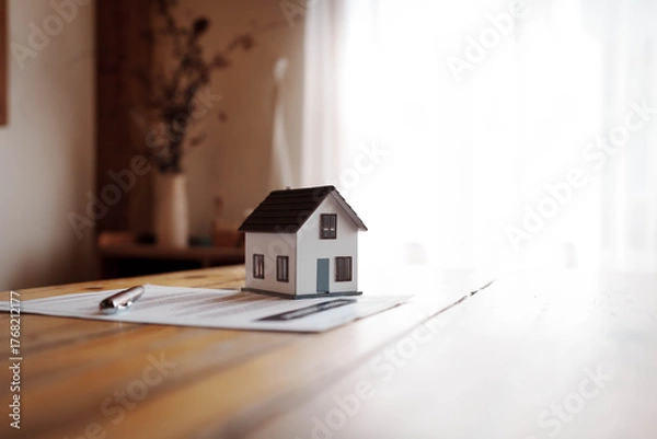 Obraz Miniature house model placed on real estate documents with a pen on a wooden table, symbolizing property investment and home ownership concept.