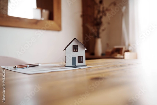 Obraz Miniature house model placed on real estate documents with a pen on a wooden table, symbolizing property investment and home ownership concept.