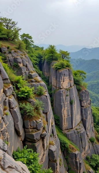 Fototapeta Enshi City, China, cliffs show rugged textures with green trees growing against a cloudy sky.