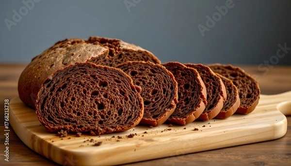 Obraz A loaf of dark rye bread, sliced and arranged on a wooden cutting board, studio shot.