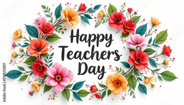 Obraz Happy teachers day greeting with a floral wreath and text in the center isolated on transparent background.