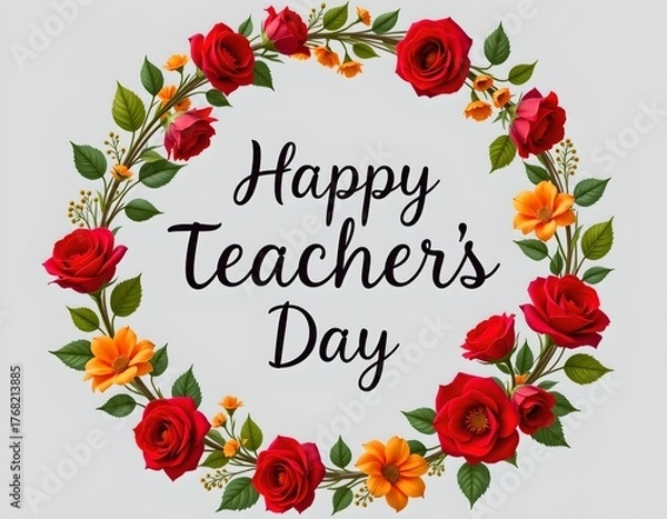 Fototapeta Happy teachers day text inside a floral wreath with red roses and orange flowers, isolated on transparent background.