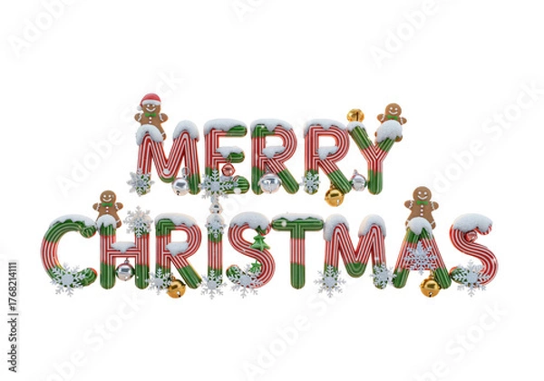 Fototapeta Merry Christmas festive lettering with snow and ornaments isolated on a transparent background