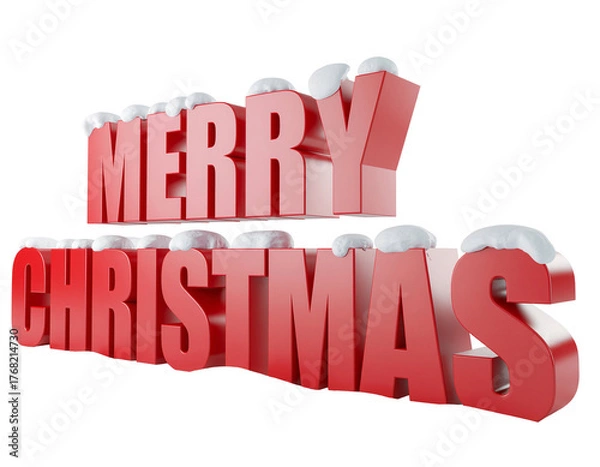 Fototapeta Red Merry Christmas letters with snow isolated on a transparent background red letters