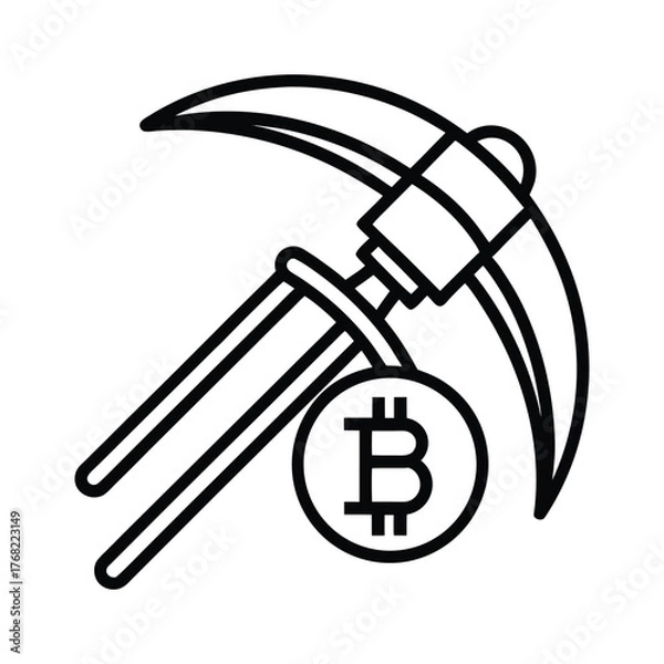 Fototapeta Bitcoin mining pickaxe icon with black outline on white background