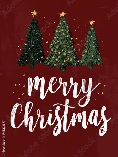 Fototapeta Warm holiday greeting illustration with decorated pine trees and white calligraphy text, great for Christmas branding, posters, and web campaigns, post cards, greeting card template, holiday card.