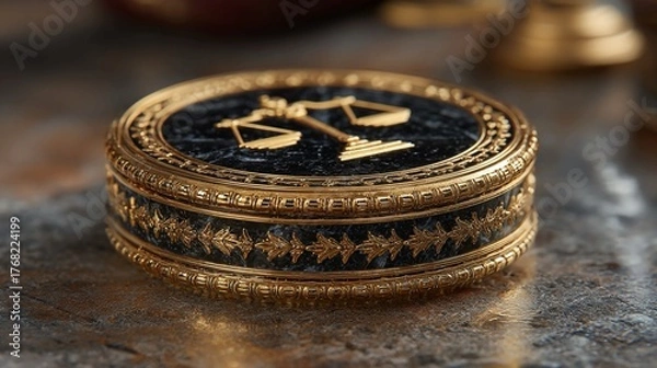 Fototapeta Elegant golden scale of justice emblem on a luxurious decorative box, symbolizing law, order, and legal representation