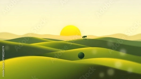 Fototapeta Minimalist Sunrise Landscape with Rolling Green Hills and Bright Circular Sun, Stylized Digital Illustration Featuring Warm Yellow Sky and Abstract Tree Silhouettes in Vibrant Contrasting Colors.