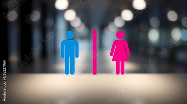 Fototapeta Male and Female Restroom Vector Symbols with Blue and Pink Silhouettes on Bright Bokeh Background, Public Facility Gender Icons for Washrooms, Entrances, and Changing Rooms.
