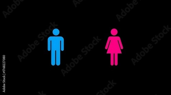 Fototapeta Male and Female Restroom Vector Symbols with Blue and Pink Silhouettes on Bright Bokeh Background, Public Facility Gender Icons for Washrooms, Entrances, and Changing Rooms.