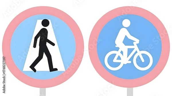 Fototapeta Set of Two Circular Pedestrian and Cyclist Vector Icons with Red Borders, Blue Walking Figure and Black Bicyclist Silhouette, Flat Design Public Safety Road Signs.