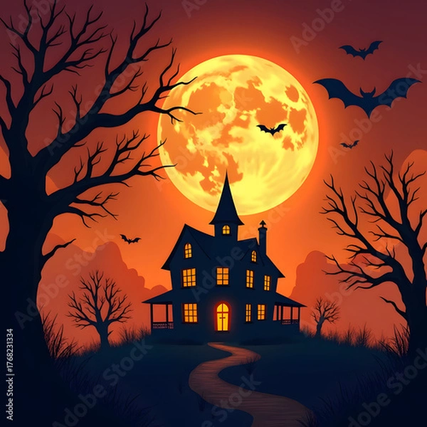 Fototapeta Halloween scene with a haunted house silhouette under a full moon and flying bats. Perfect for adding a spooky touch to your submission.