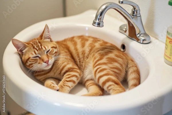 Fototapeta ginger domestic cat lying in bathroom sink. cat in the bathroom. cat sleeping in white sink.