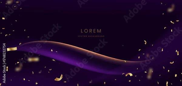 Fototapeta Luxury purple curve ray on dark red background with gold confetti. Celebration grand opening party happy concept.