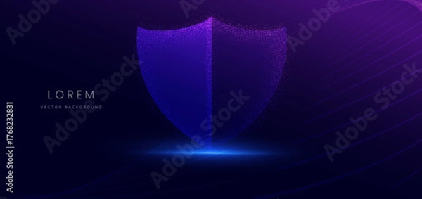 Fototapeta Particle glowing shield medical on dark background. Technology shield icon protec medical, system network, science.