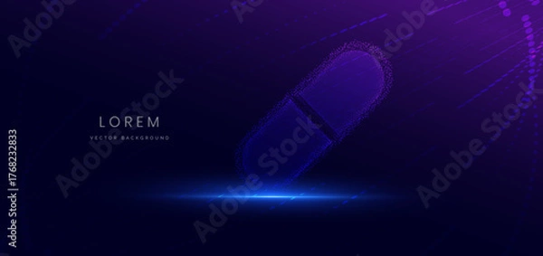 Fototapeta Particle glowing medicine pill icon on dark background. Technology futuristic medical concept.