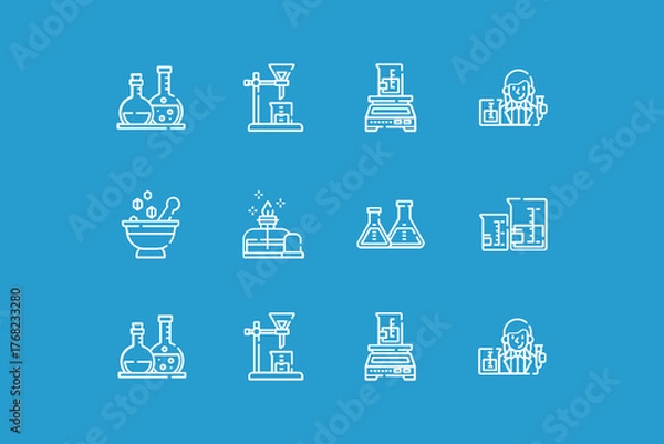 Obraz A collection of white outline icons representing various scientific and laboratory equipment and processes on a blue background.