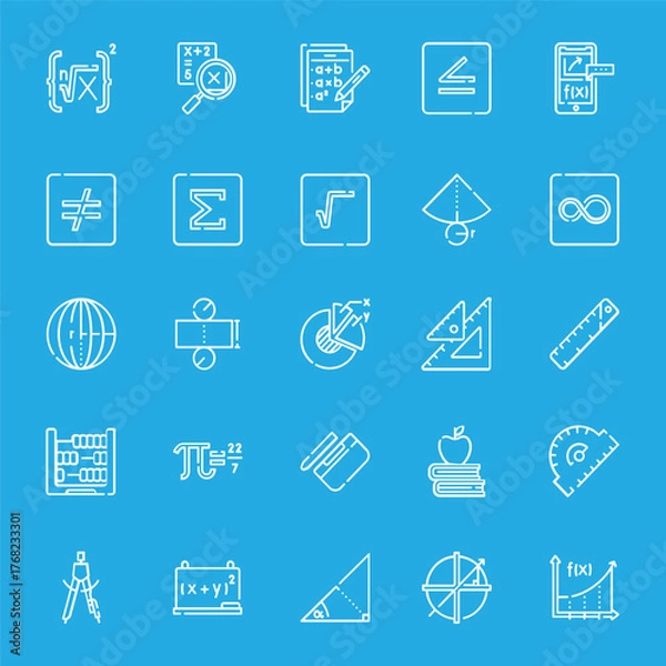 Fototapeta A comprehensive set of mathematical and educational line icons on a blue background, representing various concepts, tools, and symbols.