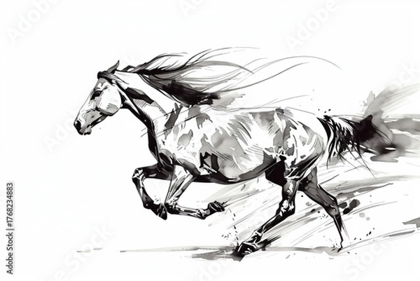 Obraz 墨で描かれた力強く走る馬の水墨画風イラスト