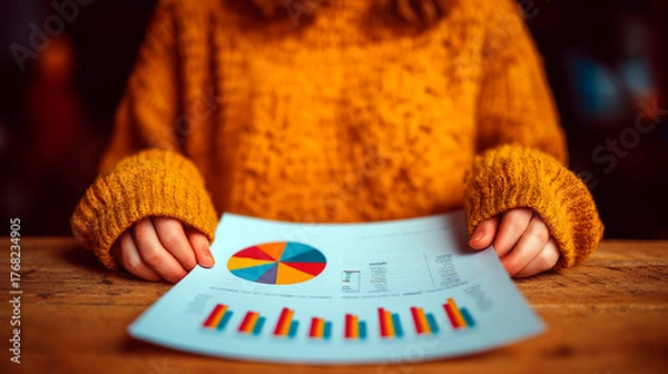 Fototapeta Close-up of caucasian woman in mustard sweater holding colorful business report with pie and bar charts on wooden desk