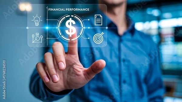 Fototapeta Businessman touching digital dollar icon representing finance investment and economic performance  
