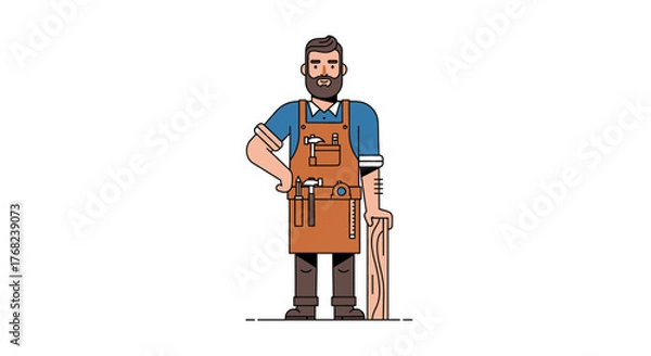 Fototapeta Craftsman with tools in apron and wooden plank presenting woodworking skills product
