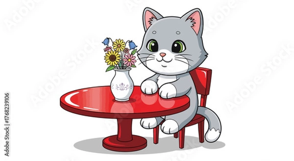 Fototapeta Cartoon illustration of a charming cat sitting at a red table with vase of flowers